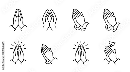 collection of prayer hands, minimal thin icon vector set , white background , PNG and SVG isolate