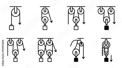 collection of pulley system, minimal thin icon vector set , white background , PNG and SVG isolate