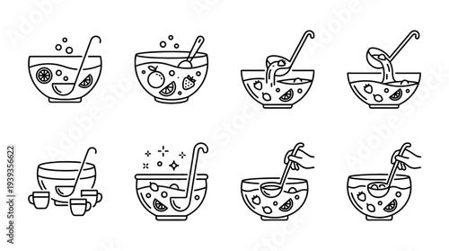collection of punch bowl, minimal thin icon vector set , white background , PNG and SVG isolate
