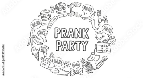 Prank party theme with various fun illustrations and text