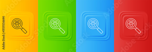 White Paw search icon isolated on colorful background. Magnifying glass with animal footprints. Set icons in square buttons. Vector