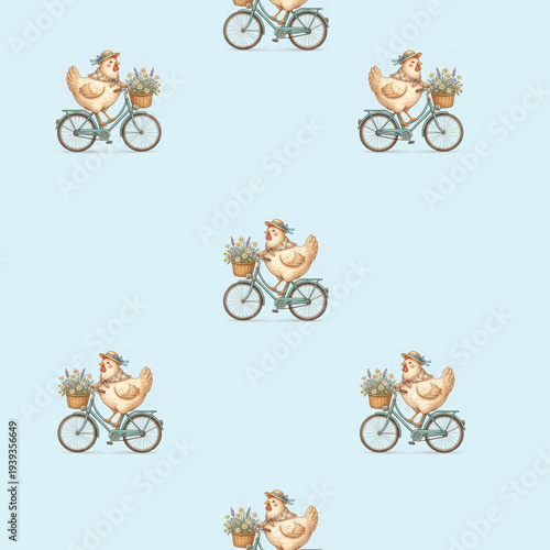 Cute Chicken Riding Bicycle with Flower Basket Seamless Pattern on Blue Background