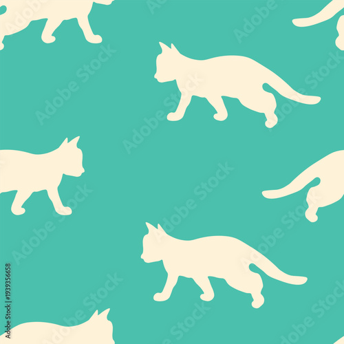 Seamless pattern with funny cute kittens. Different cats on color background. Fashion print for kids, childish texture. Vector illustration for fabric, textile, wallpaper, home clothing, pajama.