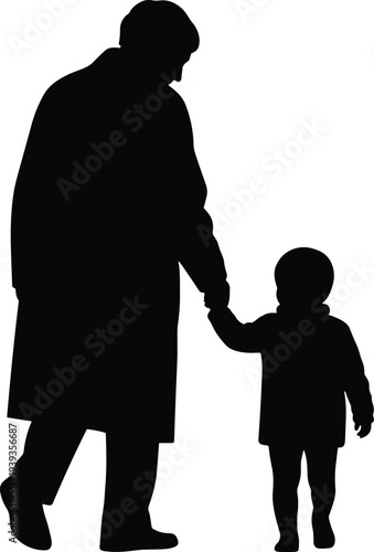 Adult and child silhouette walking together, family bond, parental guidance, protection, companionship, vector illustration of caregiving relationship
