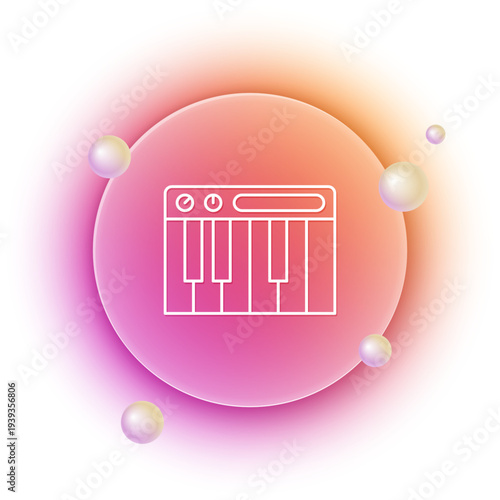 White Music synthesizer icon isolated on white background. Electronic piano. Orange and pink gradient circle background. Vector