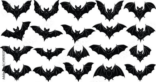 Bat silhouettes in diverse wing shapes, nocturnal animal illustration, Halloween design vector art, flying bats pattern for decoration