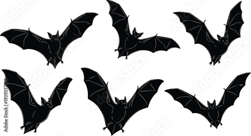 Bat silhouettes in flight, nocturnal animal shapes, Halloween theme, dynamic wings spread, nature illustration, spooky flying bat vector art