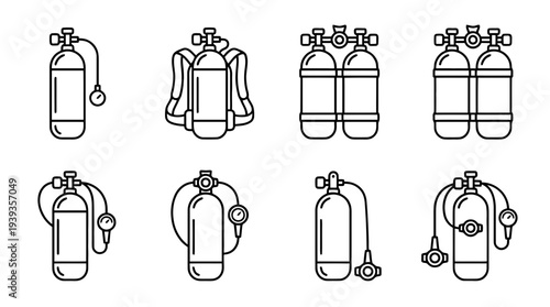 collection of scuba tank, minimal thin icon vector set , white background , PNG and SVG isolate