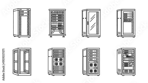 collection of server rack, minimal thin icon vector set , white background , PNG and SVG isolate