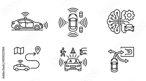 collection of self driving car, minimal thin icon vector set , white background , PNG and SVG isolate
