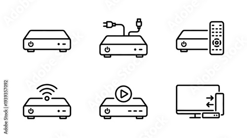 collection of set top box, minimal thin icon vector set , white background , PNG and SVG isolate