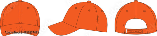 Orange Baseball Cap Mockup Icons Front, Side, Back, and Curved Brim Views