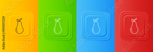 White Pear icon isolated on colorful background. Fruit with leaf symbol. Set icons in square buttons. Vector