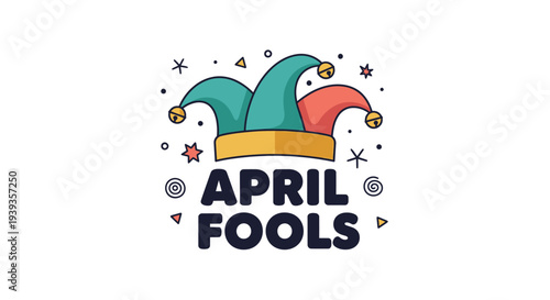 Colorful april fools' day jester hat graphic with text and festive shapes on white background for holiday celebrations