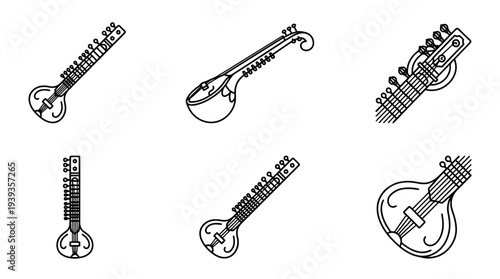 collection of sitar instrument, minimal thin icon vector set , white background , PNG and SVG isolate
