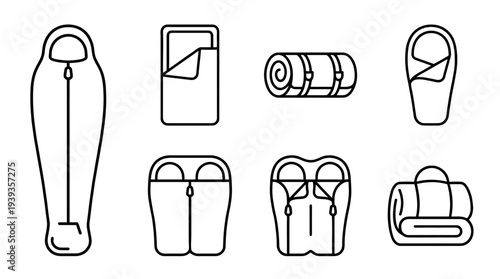 collection of sleeping bag, minimal thin icon vector set , white background , PNG and SVG isolate
