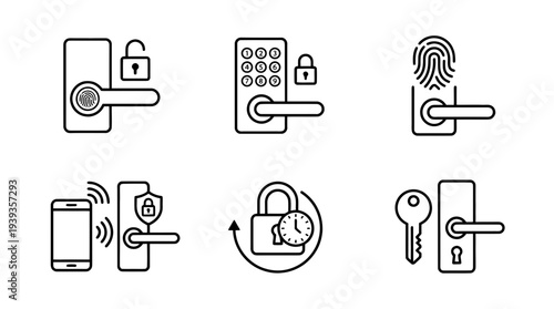 collection of smart door lock, minimal thin icon vector set , white background , PNG and SVG isolate