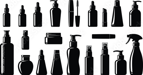 Black silhouettes of cosmetic containers including pump bottles, spray bottles, jars, tubes, droppers, beauty packaging icons isolated on white background