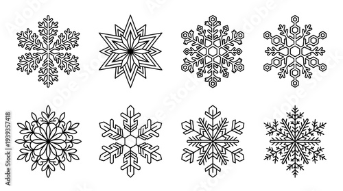collection of snowflake crystal, minimal thin icon vector set , white background , PNG and SVG isolate