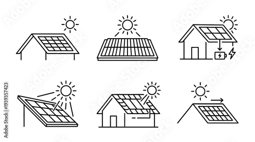 collection of solar panel roof, minimal thin icon vector set , white background , PNG and SVG isolate