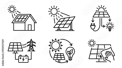 collection of solar panel energy, minimal thin icon vector set , white background , PNG and SVG isolate