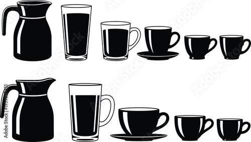 Black silhouettes of coffee carafes, mugs, cups, saucers, drinkware icons in various sizes arranged in rows isolated on white background