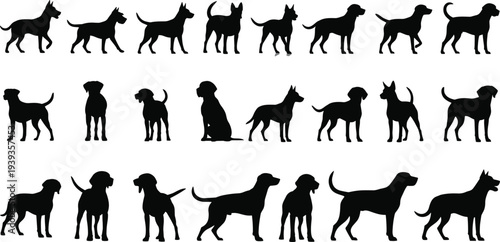 Black silhouettes of diverse dog breeds in various poses, standing, sitting, walking, tail positions, canine icons isolated on white background