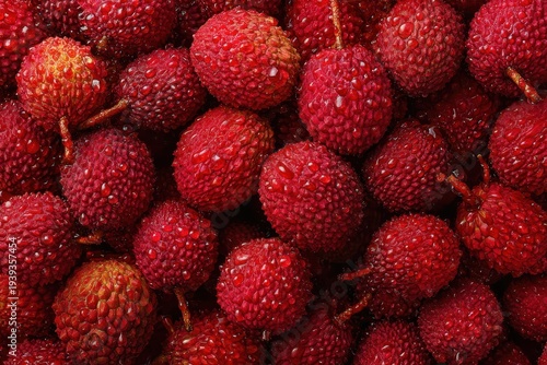 A close-up view of a vibrant pile of ripe, red lychee fruits with textured skins and water droplets