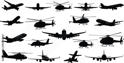 Black silhouettes of diverse airplanes and helicopters, military jets, commercial aircraft, rotorcraft, aviation transport icons isolated on white background