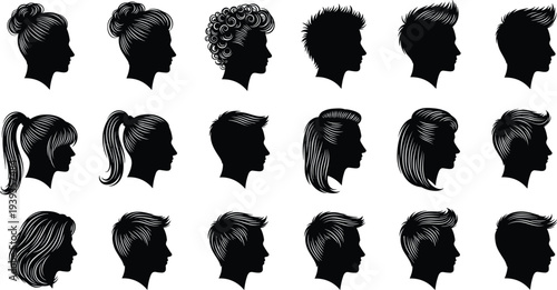 Black silhouettes of diverse human head profiles with different hairstyles including buns, ponytails, curly hair, spiked styles isolated on white background