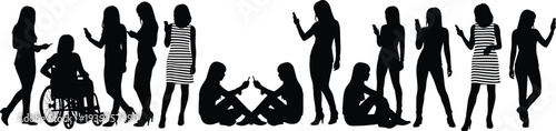 Black silhouettes of diverse women standing, sitting, wheelchair, mobile phone use, social interaction, inclusive female icons isolated on white background