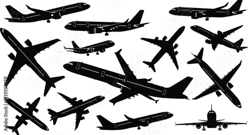 Commercial airplane silhouettes in multiple orientations, vector illustration of aviation, aircraft design, transportation, flight study, symbolic artwork