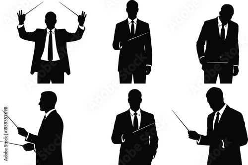Conductor silhouettes with batons in expressive poses, vector illustration for orchestra, music leadership, performance, art, conducting gestures