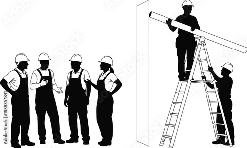 Construction workers silhouettes with teamwork, ladder beam installation vector illustration for industry, labor, engineering, building, occupational safety design