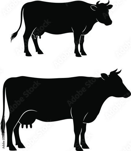 Cow silhouettes farm animal illustration, livestock vector graphic, rural agriculture design, dairy cattle profile, domestic mammal symbol, cow standing silhouettes