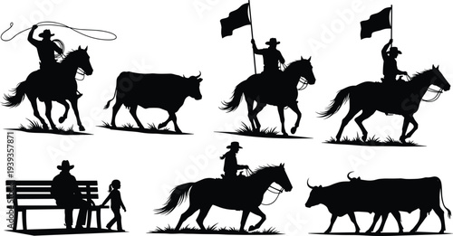 Cowboy and ranch silhouettes, horseback riding, cattle herding, lasso action, family western lifestyle, rural culture vector illustration artwork