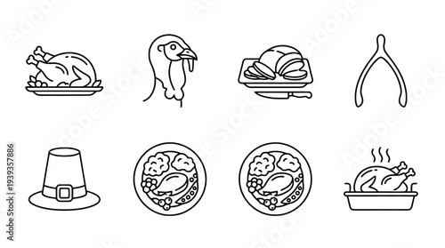 collection of thanksgiving turkey, minimal thin icon vector set , white background , PNG and SVG isolate