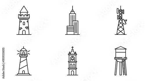 collection of tower, minimal thin icon vector set , white background , PNG and SVG isolate
