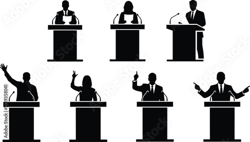 Debate podium silhouette collection showing public speaking gestures, political discourse, leadership communication, professional presentation vector illustration