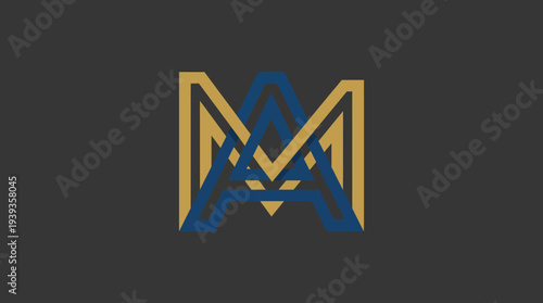 This intricate M emblem showcases a modern design with gold and blue tones, representing professionalism, elegance, and a unique branding identity for businesses or projects.