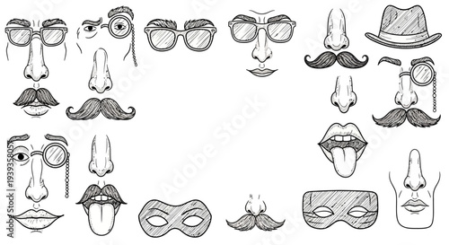 Collection of hand drawn facial features and accessories for creative projects including eyes noses mouths hats and masks