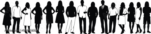 Diverse people silhouette vector illustration, men women professional casual attire standing poses fashion clothing decorative isolated design for stock discoverability