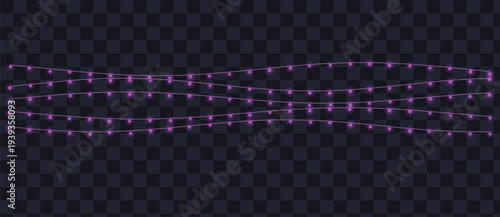 Four strands of bright purple fairy lights illuminate a festive transparent checkered background