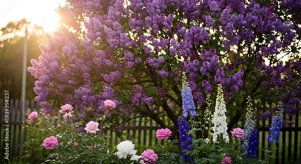 Obraz premium Blooming garden with lilac, roses and delphiniums at sunset.