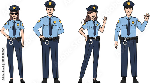 Set of Four Diverse Male and Female Police Officers in Uniform for Public Safety and Community Service Illustration
