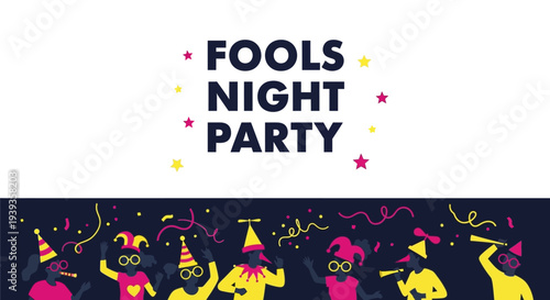 Funny cartoon animals celebrate april fools' night with party hats and confetti at a vibrant nightlife event