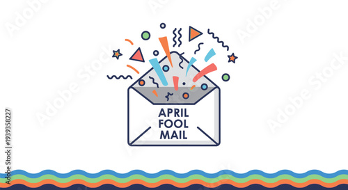 Colorful april fool's day mail icon with confetti and stars celebration concept
