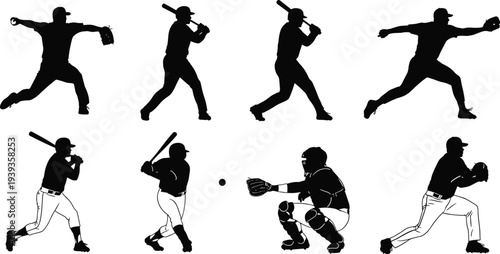 Eight baseball player silhouettes in dynamic action poses, pitching, batting, catching, fielding illustration, sports movement concept detail