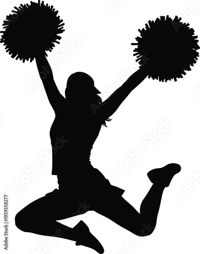 Energetic cheerleader silhouette jumping with pom-poms, dynamic pose showcasing spirit, enthusiasm, athletic motion, performance, and celebration in vector art