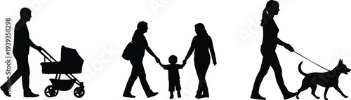 Family and community silhouettes showing stroller pushing, parents with child, person walking dog vector illustration for caregiving, companionship, lifestyle, daily life